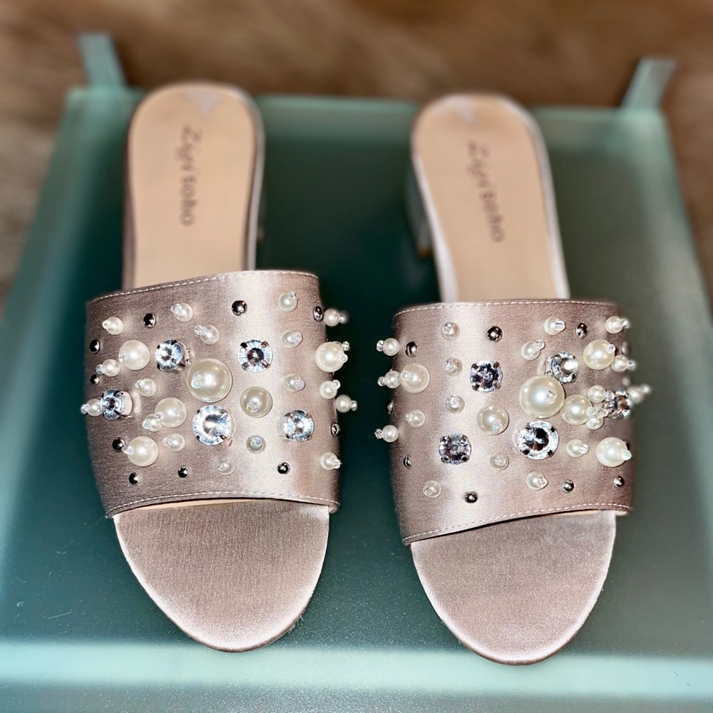 ZigiSoho beige mules with pearls & rhinestones
